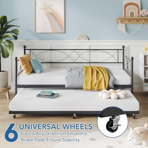 IDEALHOUSE Modern Black Metal Daybed with Trundle