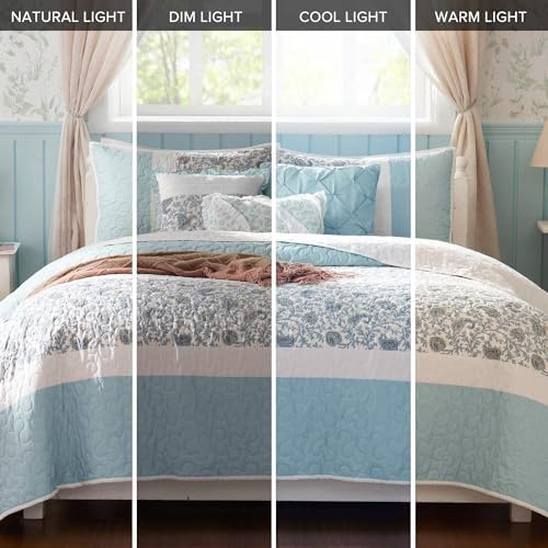 Madison Park Cotton Quilt Set Floral Print 6 Piece Light Teal