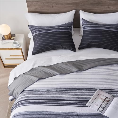 KAKIJUMN Queen Quilt Set with 2 Pillow Shams Black White Grey Striped Bedding