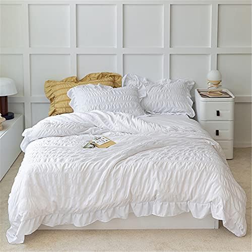 White Ruffled Duvet Cover Set 3 Piece Queen Seersucker Textured Stripe