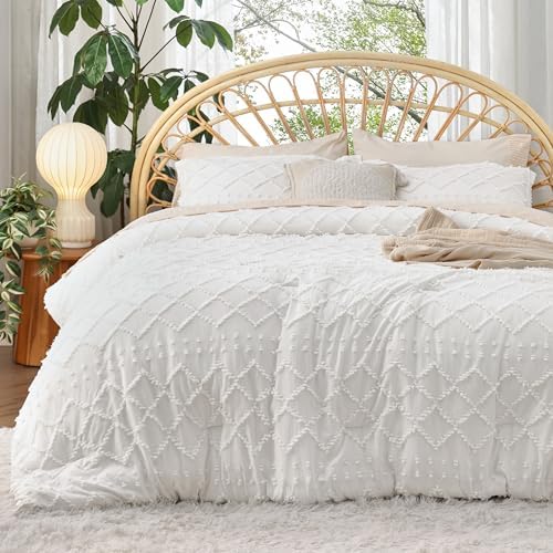 Bedsure Queen Comforter Set - White Boho Tufted Shabby Chic