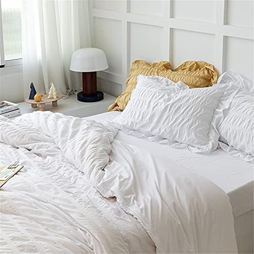 White Ruffled Duvet Cover Set 3 Piece Queen Seersucker Textured Stripe