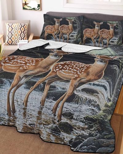 Stongaro Twin XL Forest Deer Quilt Comforter Set 3 Pieces