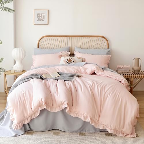 JANZAA Pink Ruffle Queen Comforter Set 3PCS