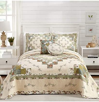 Olivia Embroidered Quilted Bedspread - King GreenCream