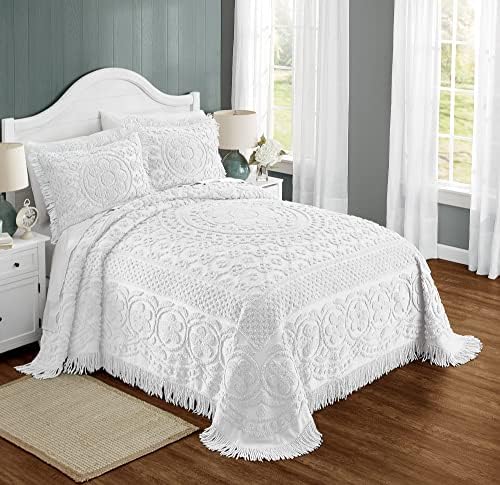 Montgomery Ward Emily Floral Chenille Bedspread - Full Size White