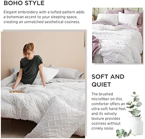 Bedsure Queen Comforter Set - White Boho Tufted Shabby Chic