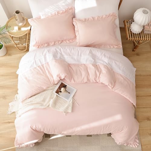 JANZAA Pink Ruffle Queen Comforter Set 3PCS