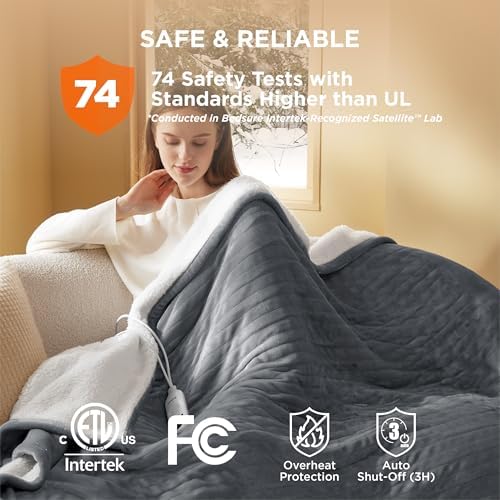 Bedsure Heated Throw Blanket - 6 Heating Levels 4 Time Settings Grey