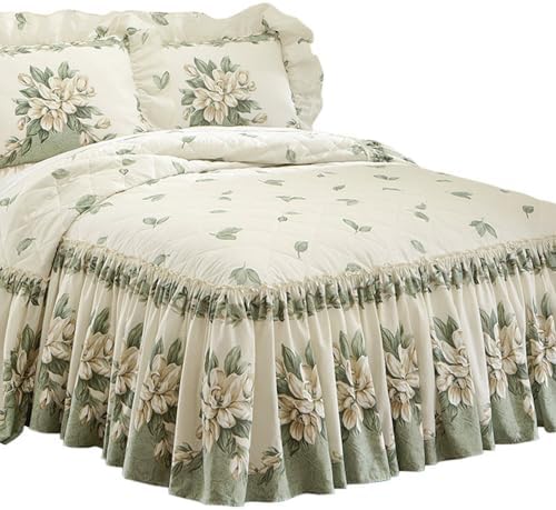 Collections Etc Magnolia Garden Floral Ruffle Bedspread - Sage Full