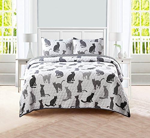 Grey Cats Pom Pom Trimmed Quilt Set 3-Piece
