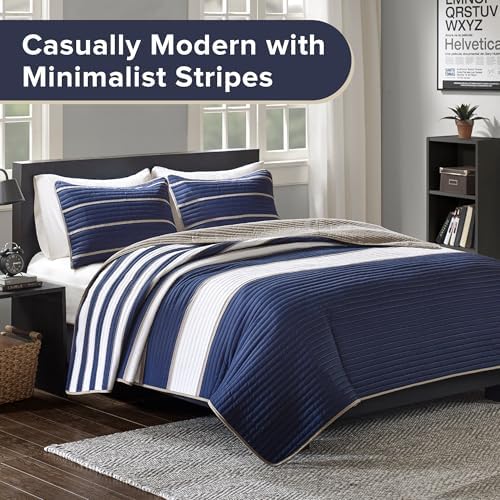 Comfort Spaces Quilt Set Twin Size White Blue Stripe