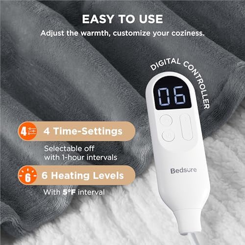 Bedsure Heated Throw Blanket - 6 Heating Levels 4 Time Settings Grey