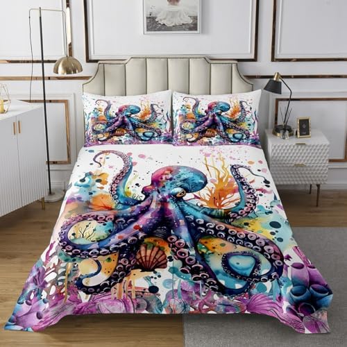 Feelyou Octopus Bedspread Set Twin Size Kids Ocean Kraken Quilted Coverlet