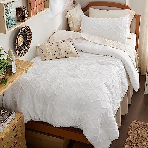 Bedsure Twin Comforter Set - White Boho with Pillow Sham
