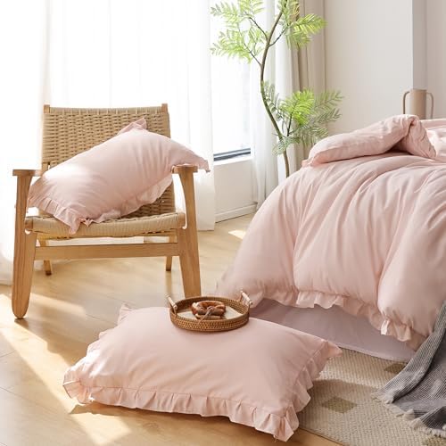 JANZAA Pink Ruffle Queen Comforter Set 3PCS