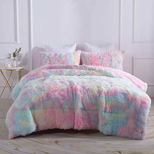 Wajade Faux Fur Rainbow Comforter Set - 3PC Fluffy Shaggy Bedding