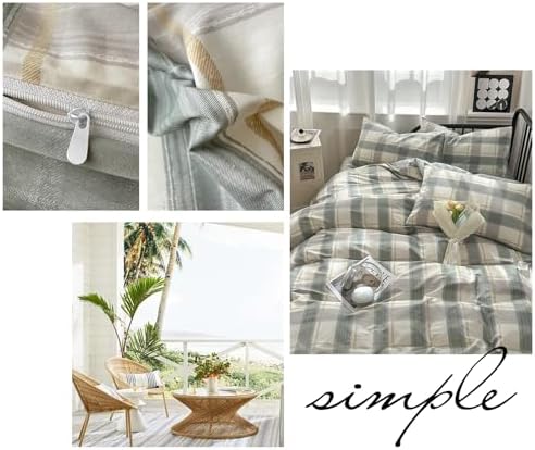 VM VOUGEMARKET Green Plaid Duvet Cover Set Queen 3 Piece