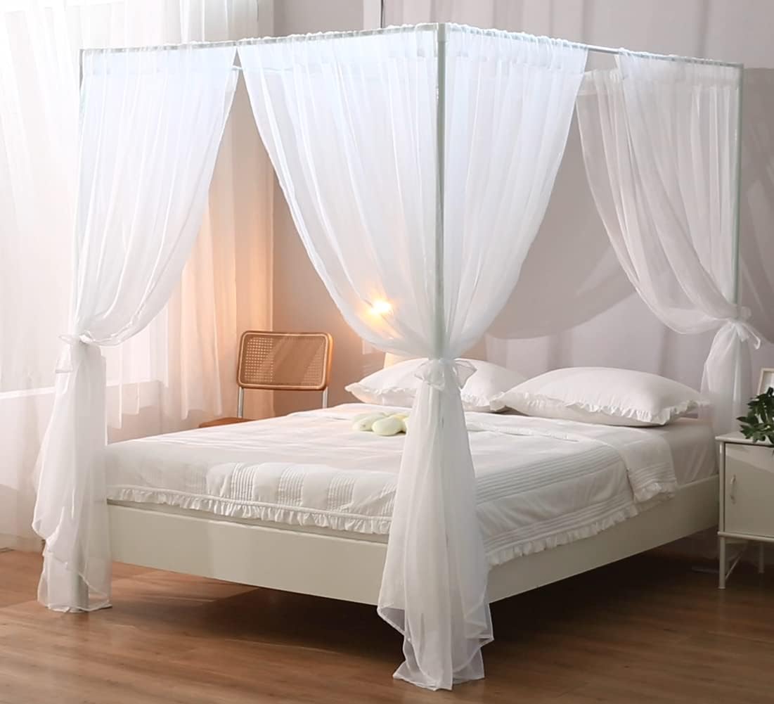 WANFASO White Canopy Bed Curtain for Queen Bed 8PCS Chiffon Panels