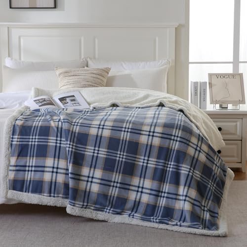 PU MEI Sherpa Blanket Queen Plaid - Blue White Check