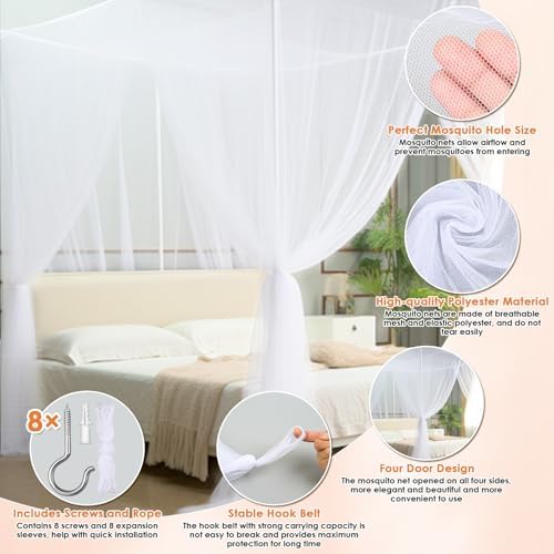 Qinzave 4 Corner White Canopy Bed Curtains