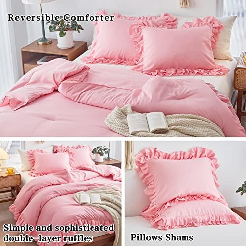 Pink Ruffled Comforter Set Twin Size 3 pcs