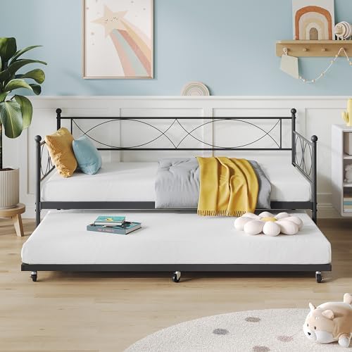 IDEALHOUSE Modern Black Metal Daybed with Trundle
