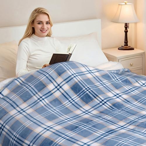 PU MEI Sherpa Blanket Queen Plaid - Blue White Check