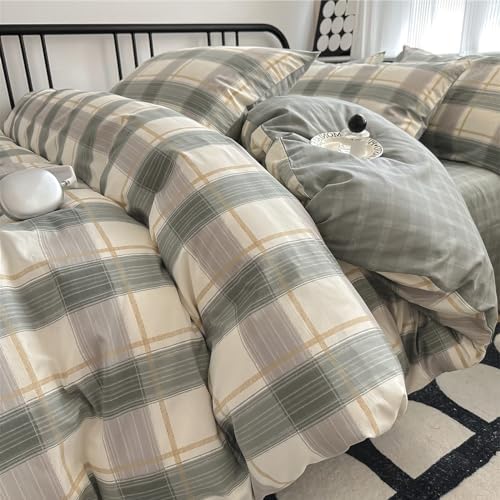 VM VOUGEMARKET Green Plaid Duvet Cover Set Queen 3 Piece