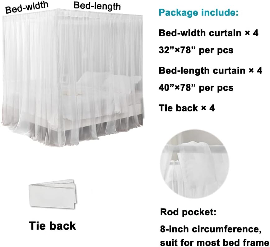 WANFASO White Canopy Bed Curtain for Queen Bed 8PCS Chiffon Panels