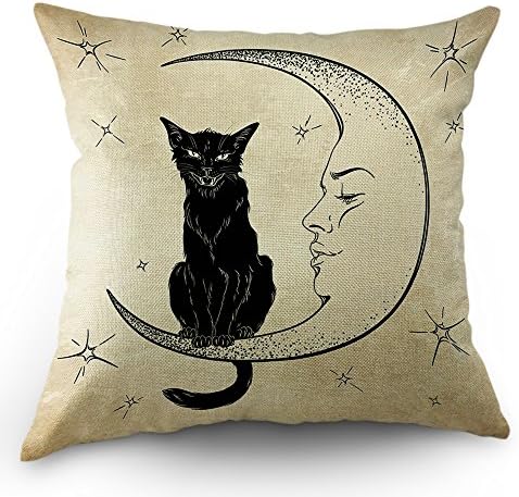 Moslion Black Cat Sits on Moon Throw Pillow Cover 18x18 Inch