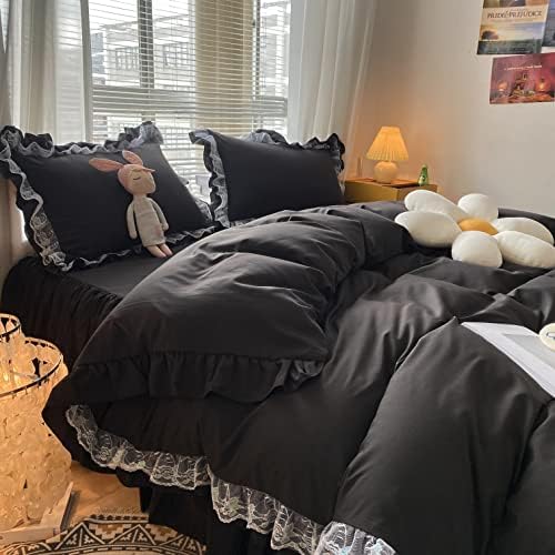 MOOWOO Chic Ruffle Lace Duvet Cover Set - Queen Size Black Bedding
