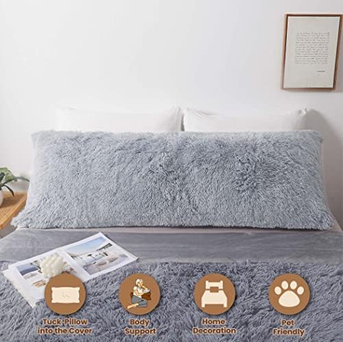 MEGO Shaggy Plush Body Pillow Cover Light Grey 54x20
