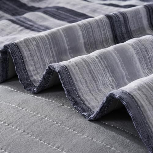KAKIJUMN Queen Quilt Set with 2 Pillow Shams Black White Grey Striped Bedding