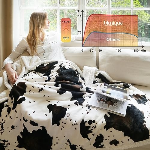 Blunique Cow Print Heated Throw Blanket with 5 Heat Levels