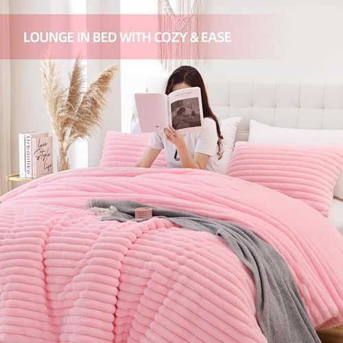 Smoofy Fluffy Queen Comforter Set 3 Pieces - Pink Fleece Micro-Mink