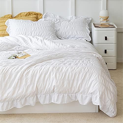 White Ruffled Duvet Cover Set 3 Piece Queen Seersucker Textured Stripe