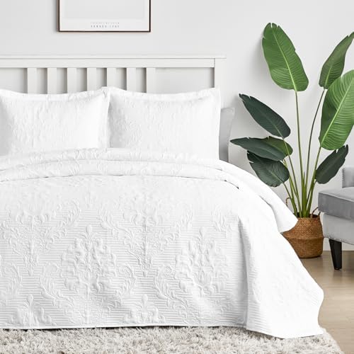 Hansleep White Quilt Queen Set - 3 Piece Damask Coverlet Bedding
