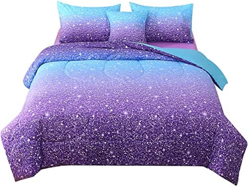 JQinHome Glitter Comforter Set Twin Size Blue Purple