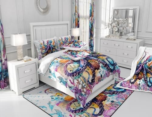 Feelyou Octopus Bedspread Set Twin Size Kids Ocean Kraken Quilted Coverlet