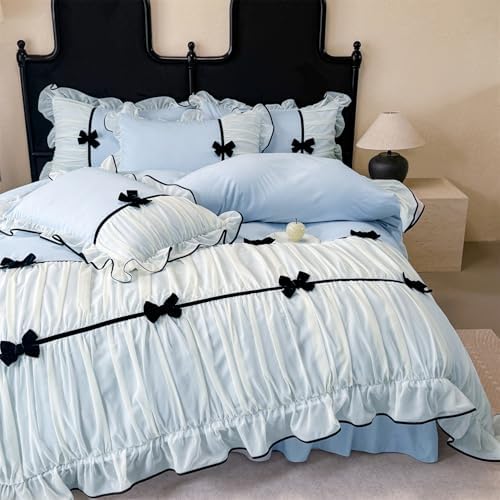 SOUKECHY Princess Pink Ruffle Duvet Cover Set with Bowtie