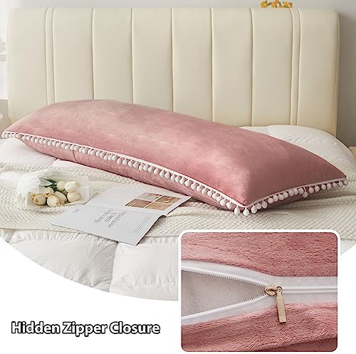 LIFEREVO Velvet Body Pillowcase with Pom-Poms 20x54 Old Pink