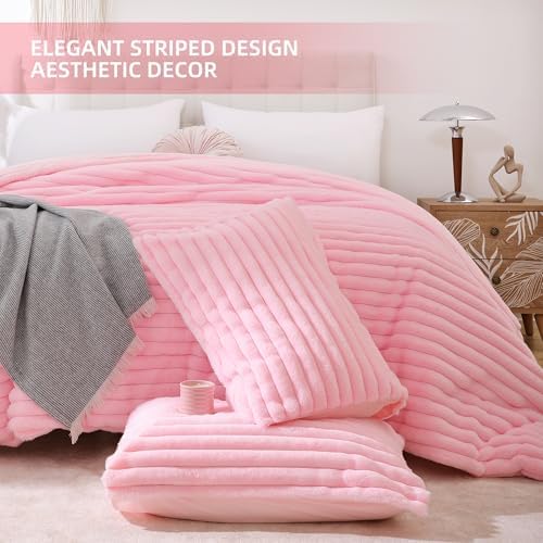 Smoofy Fluffy Queen Comforter Set 3 Pieces - Pink Fleece Micro-Mink