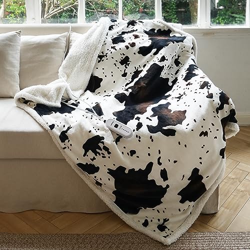 Blunique Cow Print Heated Throw Blanket with 5 Heat Levels