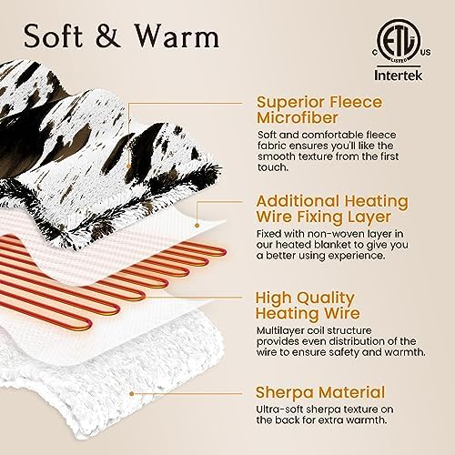 Blunique Cow Print Heated Throw Blanket with 5 Heat Levels