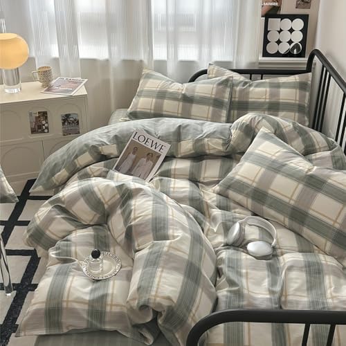 VM VOUGEMARKET Green Plaid Duvet Cover Set Queen 3 Piece
