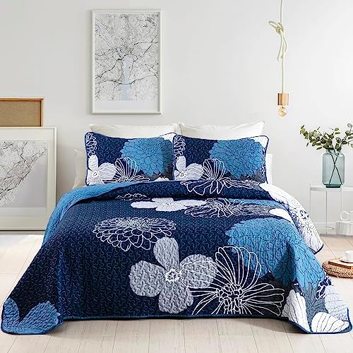 Anibedding Navy Blue Floral Quilt Set 3 Pieces Reversible Microfiber