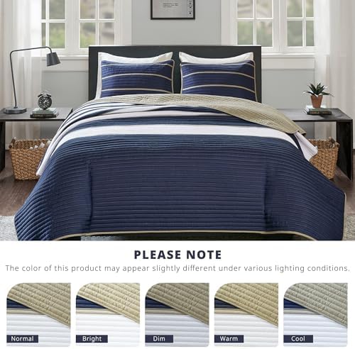 Comfort Spaces Quilt Set Twin Size White Blue Stripe