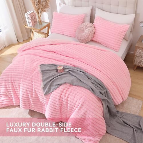 Smoofy Fluffy Queen Comforter Set 3 Pieces - Pink Fleece Micro-Mink