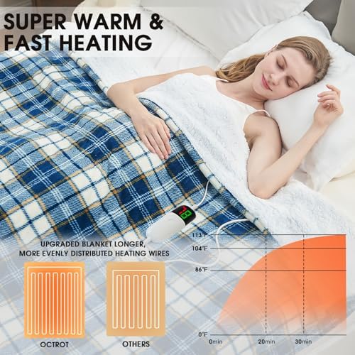 OCTROT Heated Blanket 50X60 Navy Plaid Sherpa Throw
